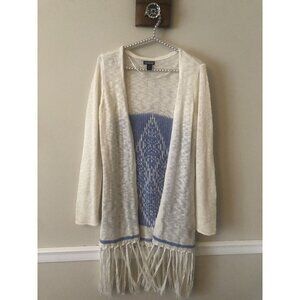 Joe Boxer Juniors Size Medium Cream Blue Fringed Sweater Long Sleeve Lightweight